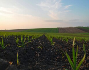 Freshly planted young sprouts in dark soil, stretching to a distant horizon
