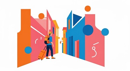 Stylized person with backpack and suitcase walks down colorful street