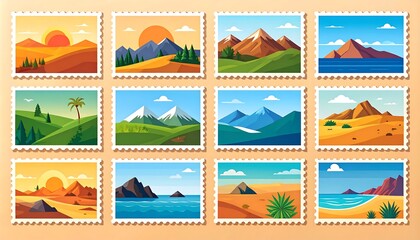 Naklejka premium Illustrated landscape stamps collection mountains sun and natural scenes