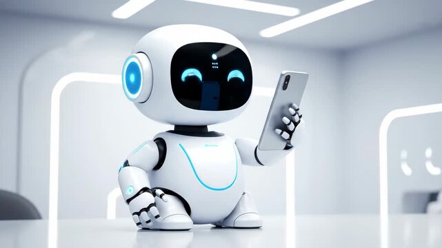 Cute Robot Using a Smartphone - A cute, white robot is holding a smartphone. The robot has a friendly design and appears to be interacting with the phone in a futuristic setting.