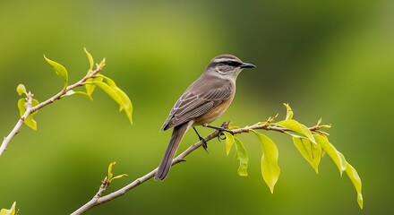 Obraz premium A small bird perched on a leafy branch in nature.