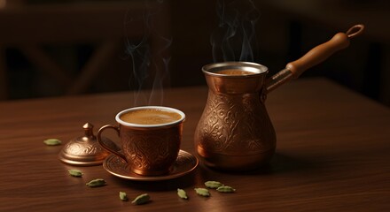Fototapeta premium Still life of turkish coffee in copper cup and pot with cardamom pods on a wooden table surface