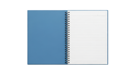 Open blue spiral notebook, isolated on a transparent background.