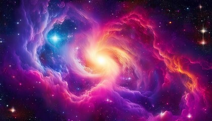 vibrant purple and pink nebula with bright yellow core in deep space galaxy stars