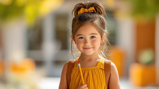 A young girl smiles, excited to head back to school with her supplies.