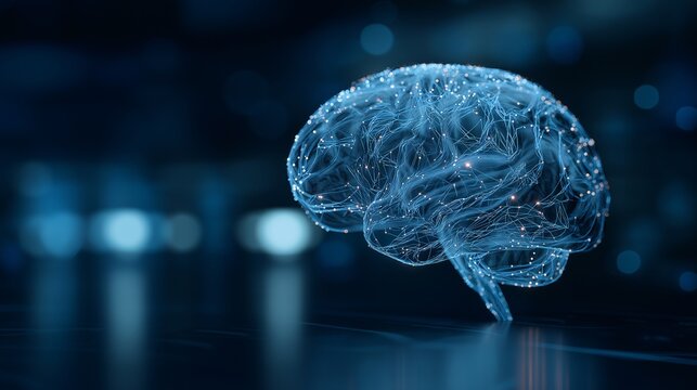 Digital hologram of brain with interconnected neural pathways and glowing nodes represents artificial intelligence and data flow. blue tones create futuristic and technological atmosphere