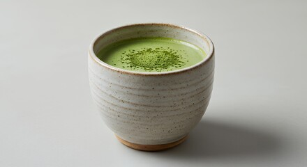 Green Matcha Tea in Ceramic Cup on White Surface