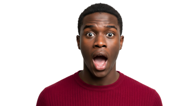 Surprised young man with open mouth on white background