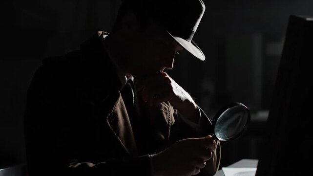 Private Investigator Examining Evidence - A mysterious detective in a trench coat and fedora is seen in a dimly lit room, using a magnifying glass.