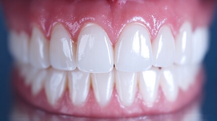 Obraz premium A close view of a healthy smile shows straight white teeth and vibrant pink gums. The focus highlights the cleanliness and overall dental health of the person.