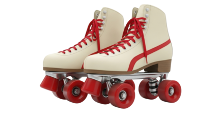 Pair of vintage roller skates with red laces and wheels isolated PNG with Transparent Background