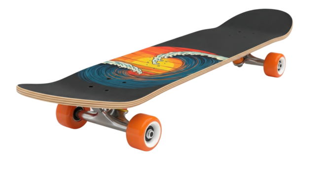 Skateboard with wave design for extreme sports isolated PNG with Transparent Background