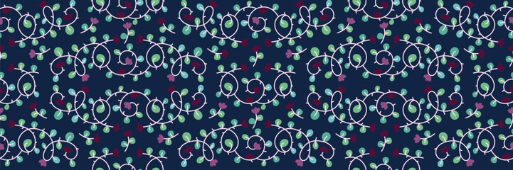 Elegant seamless pattern with curling vines and colorful leaves. Autumn dark blue background. Perfect for fabric, wallpaper, wrapping paper, and stationery design. Modern vector flat illustration.