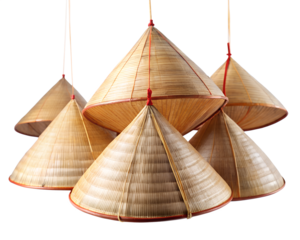 Group of conical woven bamboo hats hanging isolated on transparent background