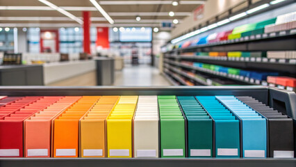 Omnichannel retail enhances customer experience. Colorful boxes arranged in rows, showcasing a vibrant retail display in a modern store interior.