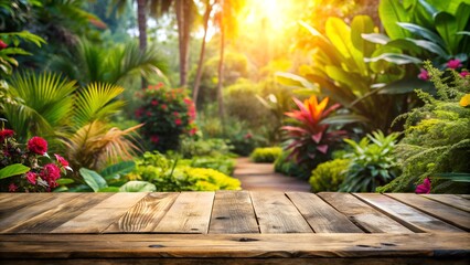 Obraz premium Rustic wooden table in a sunlit tropical garden with exotic plants