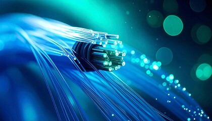Fiber Optic Bundle Macro with Teal Blue Bokeh Tips, Technology Background for Networking and Telecom	