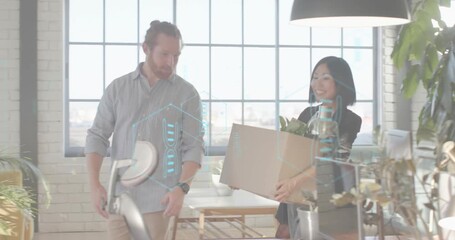 New coworker entering with box colleague showing AI with holographic DNA helix and rotating cube - Powered by Adobe