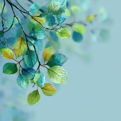 Vibrant watercolor leaves in refreshing blue and green hues evoke natural beauty and serene tranquility for peaceful designs