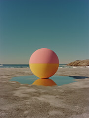 Obraz premium A gold compact mirror filled with icy pink crystals sits open on a frozen seascape. Feminine surrealism meets arctic minimalism in this conceptual still life.