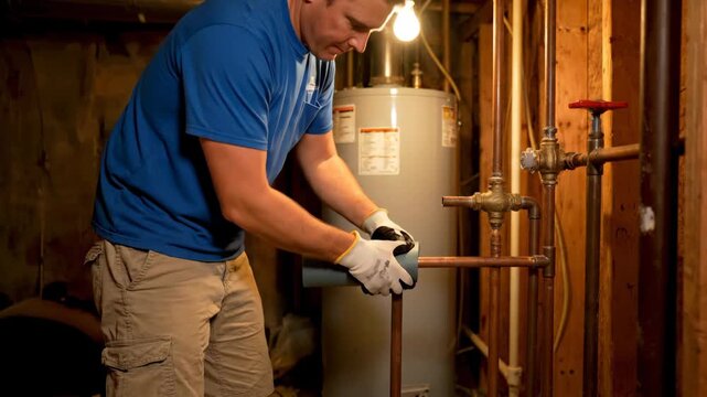 DIY Home Improvement: Insulating Water Pipes - A man wearing work gloves is installing insulation around hot water pipes in a basement utility area.