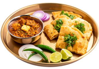 Traditional Indian thali filled with assorted dishes on a metal platter, perfect for showcasing authentic cuisine and festive family gatherings.