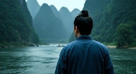 Fototapeta premium Man in traditional Asian clothing looking at a river landscape with mountains in the background. Travel and nature concept.