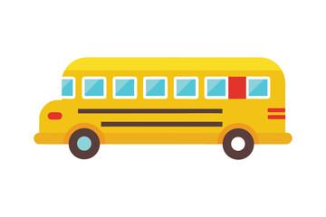 Flat Yellow School Bus Illustration with Blue Windows and Red Accents on White Background