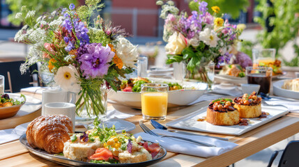 Elegant outdoor brunch table setting with assorted dishes, fresh flowers, and sunny ambiance