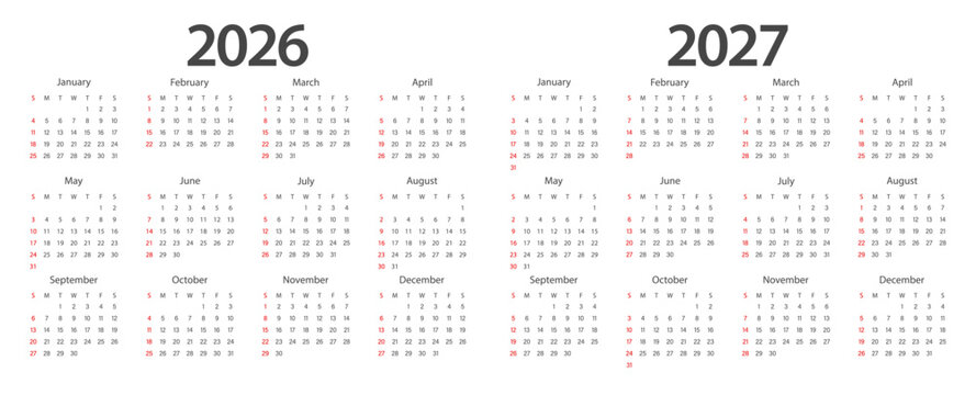 Calendar 2026, calendar 2027 week start Sunday corporate design planner template.