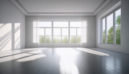 Obraz premium a bright minimalist room with large windows casting soft shadows on white walls and floor