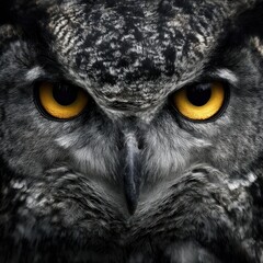 Intense Gaze Macro Portrait of a Majestic Owl with Piercing Yellow Eyes