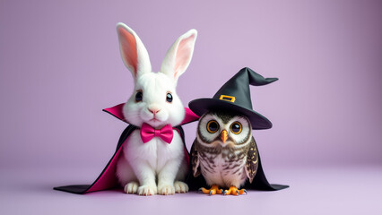 White rabbit in tiny vampire cape with pink bow tie sitting next to owl in witch hat on pastel purple background halloween animal friends