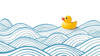 Yellow rubber duck floating on blue wavy water