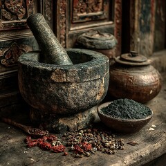 Still life photography of mortar and pestle with spices herbs and cooking ingredients rustic kitchen decor