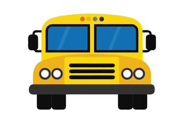 Front View of Yellow School Bus with Blue Windows, Black Bumpers and Lights Illustration
