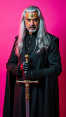 Latino man with silver wig and witcher-inspired coat holding fake sword glowing magic face paint on bright pink background halloween fantasy portrait