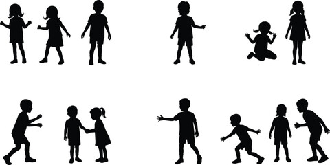 PrintChildren silhouette vector, kids playing illustration, group of children in action poses, black shadow figures, childhood activity clipart