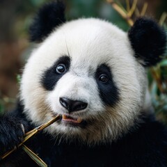 Fototapeta premium Close-up of a giant panda enjoying bamboo in its natural habitat