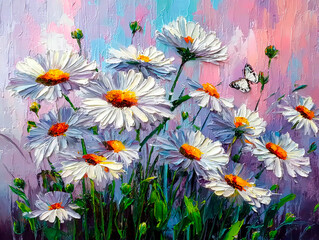 A realistic oil painting depicting a bouquet of white daisies, with voluminous petals painted with a palette knife.