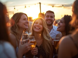 Joyful friends laughing together during vibrant sunset party with golden drinks and string lights