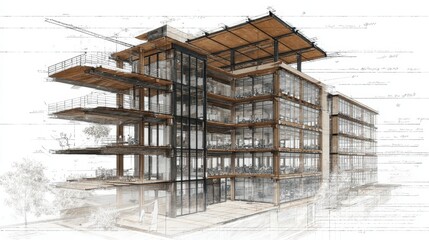 Conceptual cross section of a contemporary multi story office building combining blueprint linework with warm finished materials, showing structure, interior layout and facade detail