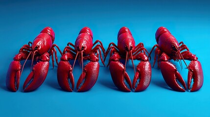 Four vivid red lobsters on blue background