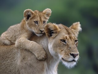 Obraz premium Maternal bond of a wild lioness and her adorable cub resting on her back in the savanna