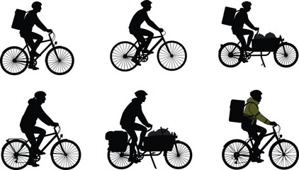 PrintFood delivery cyclist on bicycle, courier with backpack, cargo bike transport, urban logistics service, meal delivery man, fast courier rider