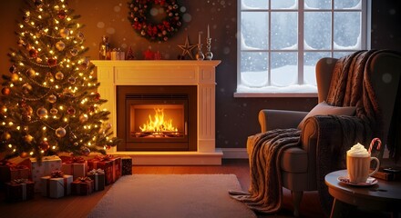 Festive room scene with christmas tree fireplace and armchair in winter ambiance