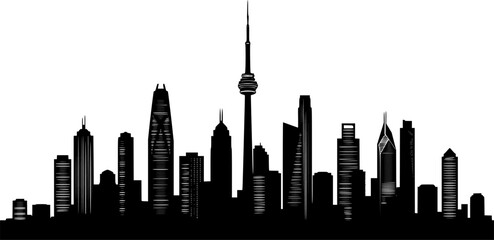 Fototapeta premium Modern city skyline with three tall skyscrapers and a curved base silhouette isolated on white background 