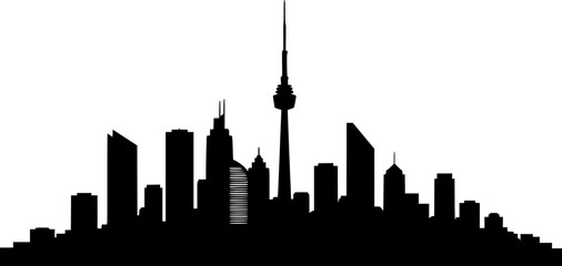 Modern city skyline with three tall skyscrapers and a curved base silhouette isolated on white background
