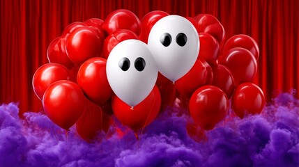 Cluster of Red Balloons with White Ghost Balloons Against Dramatic Red and Purple Background