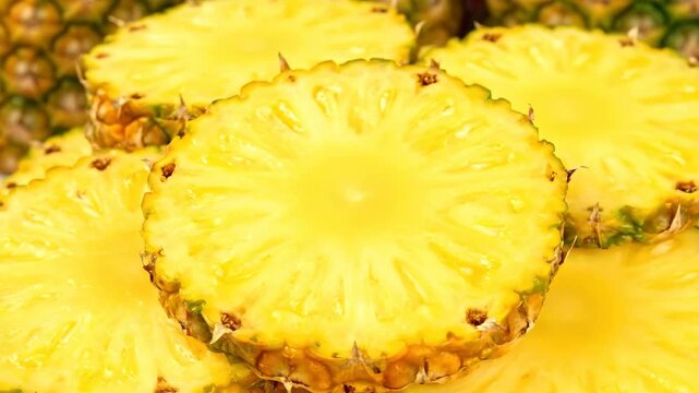 Fresh Pineapple Slices Background - Close-up shot of fresh, juicy pineapple slices, showcasing their vibrant yellow color and intricate patterns.